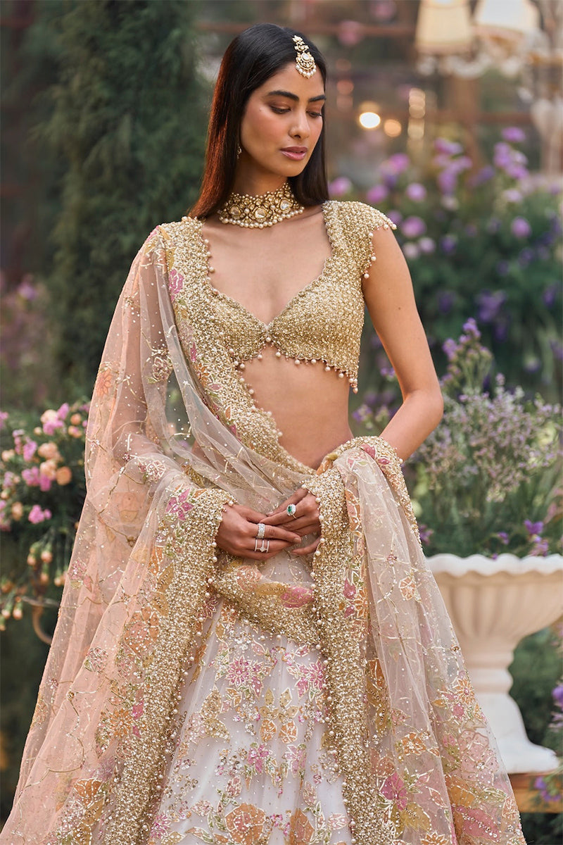 Lehenga Blouse Dupatta Cream-Gold