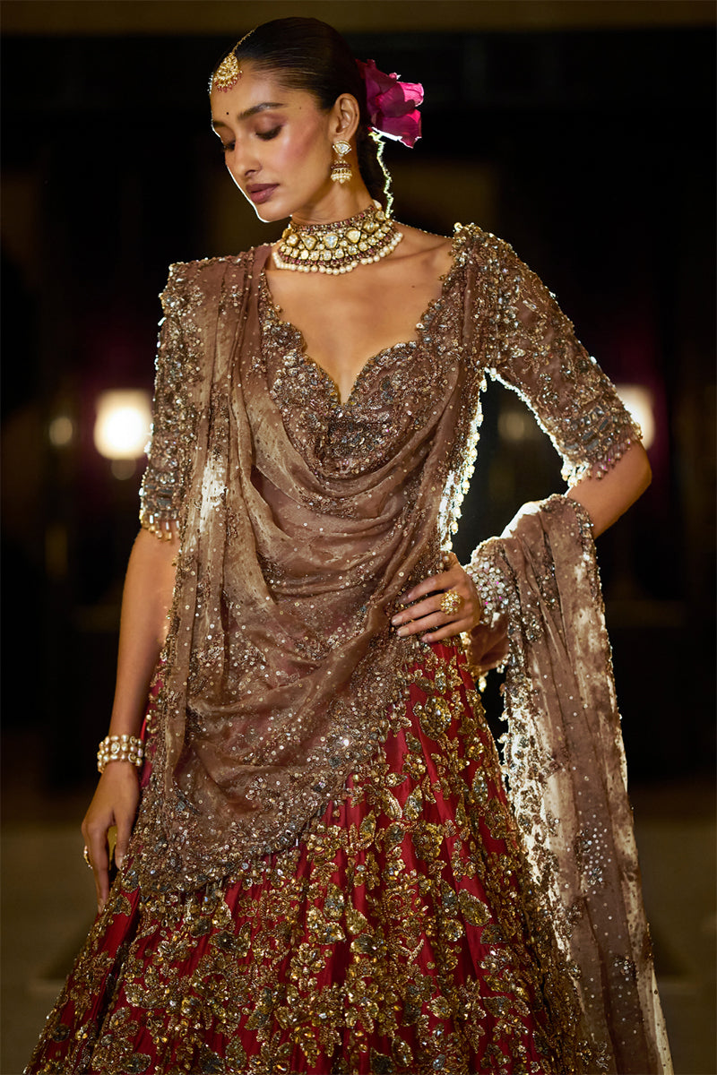 Lehenga Blouse Dupatta Antique Gold