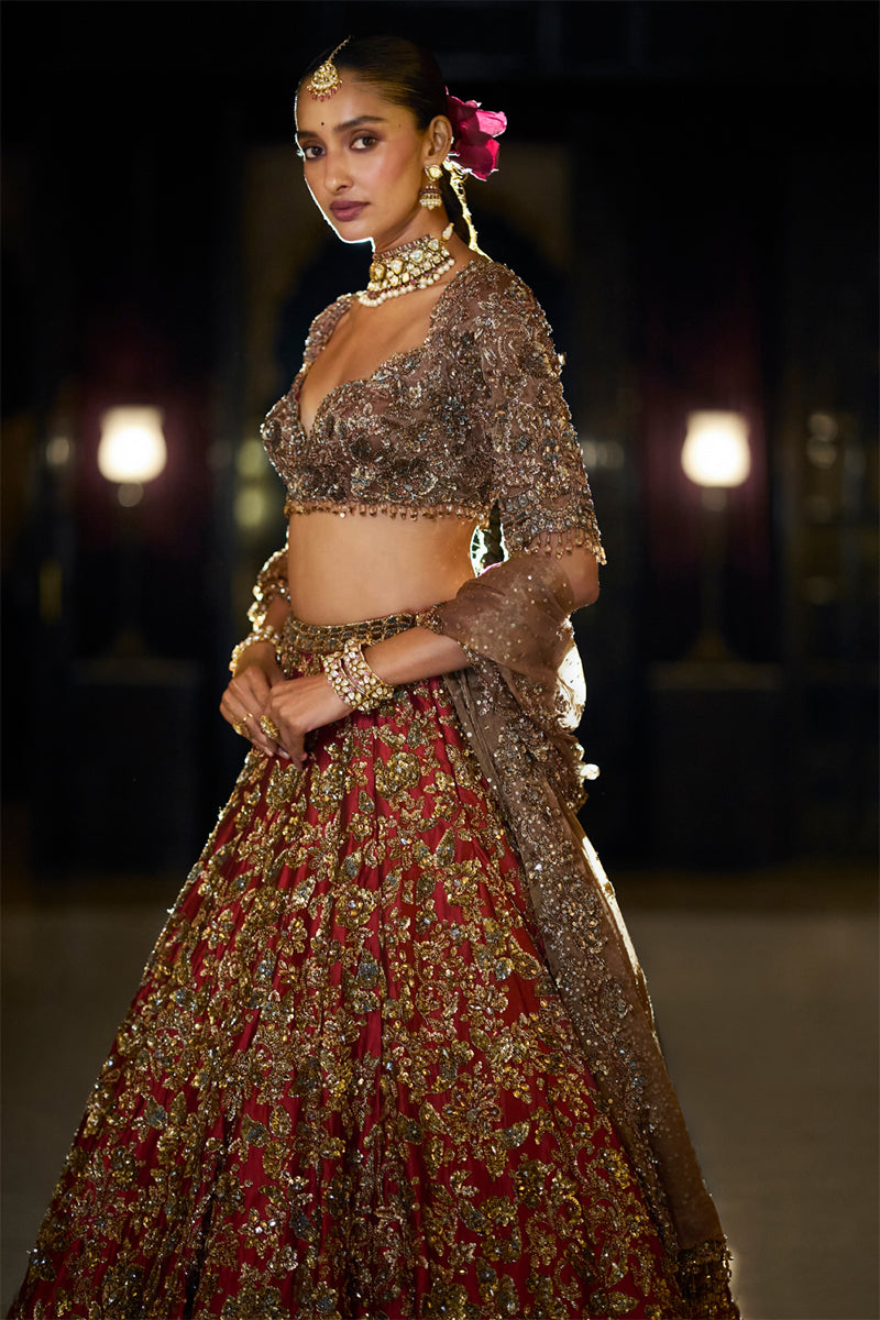 Lehenga Blouse Dupatta Antique Gold