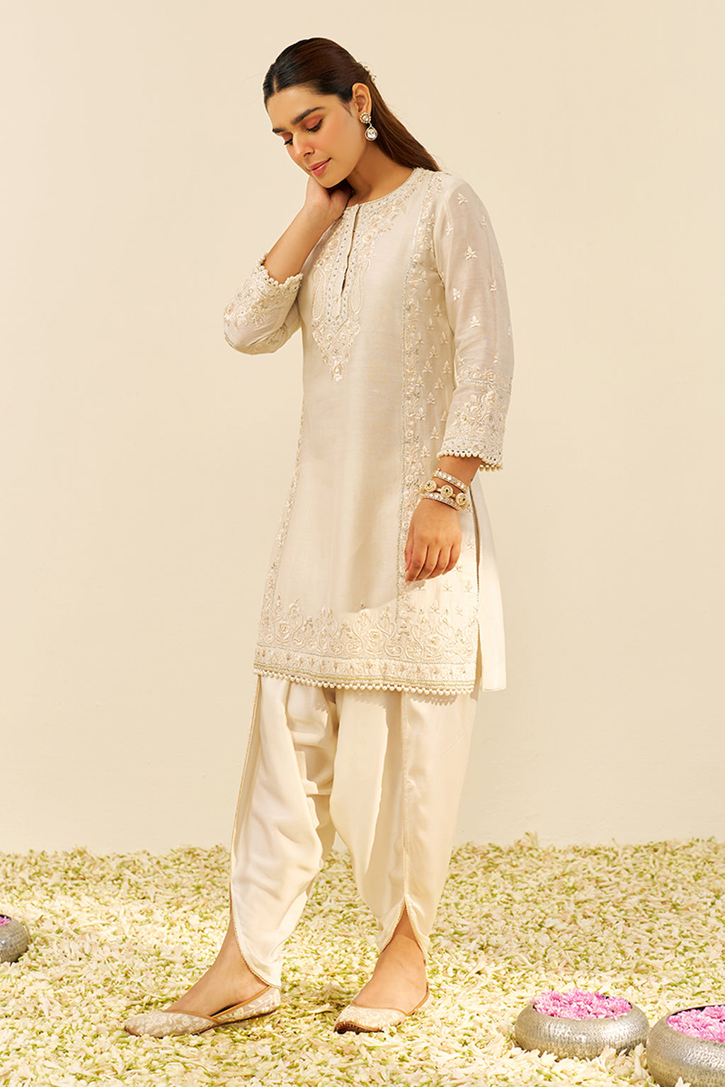 KURTA DHOTI DUPATTA BLUSH PINK IVORY YELLOW