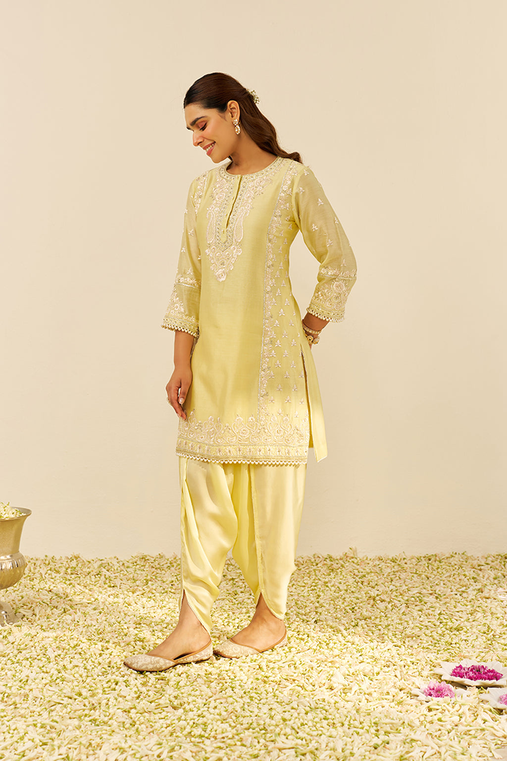 KURTA DHOTI DUPATTA BLUSH PINK IVORY YELLOW
