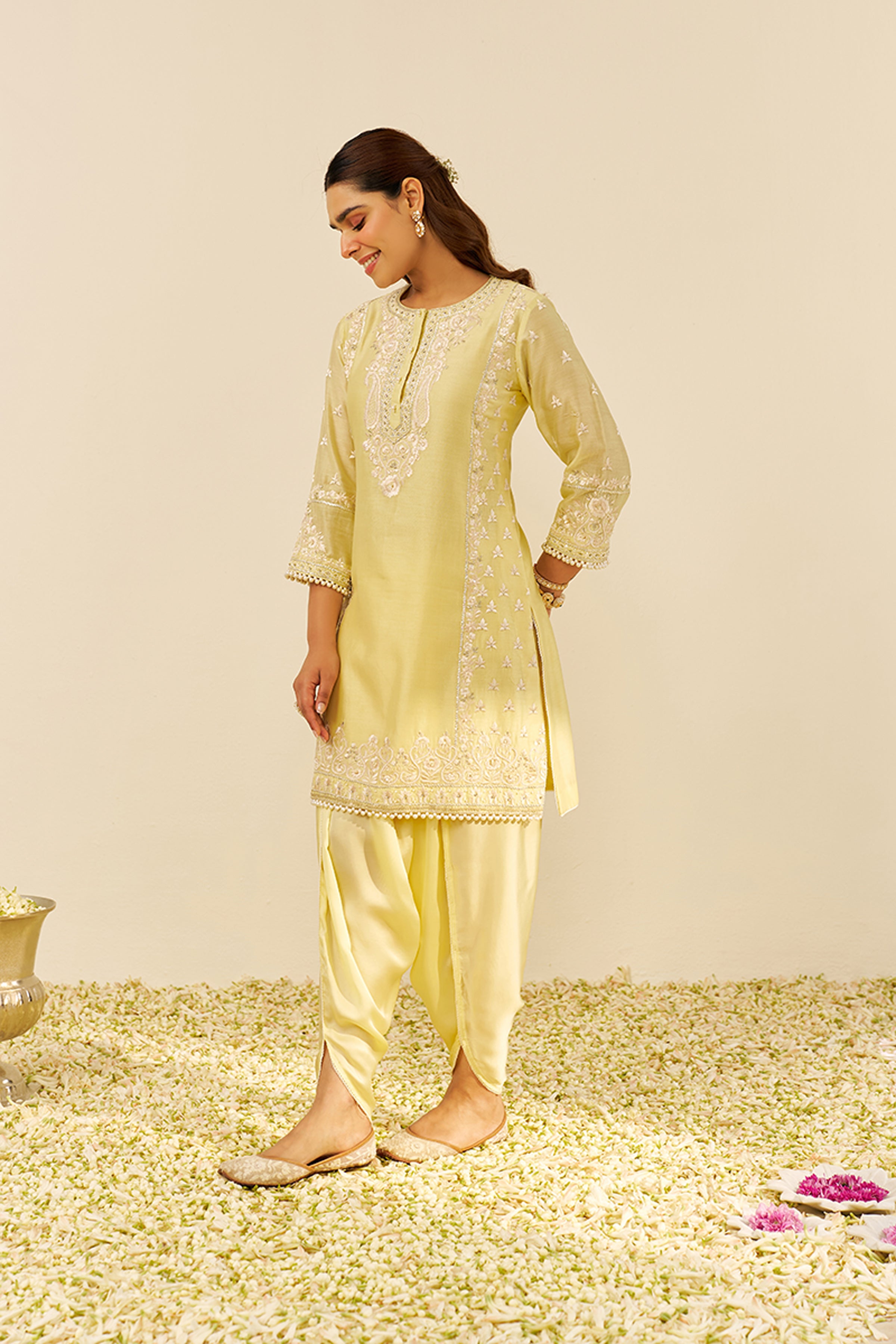 KURTA DHOTI DUPATTA BLUSH PINK IVORY YELLOW