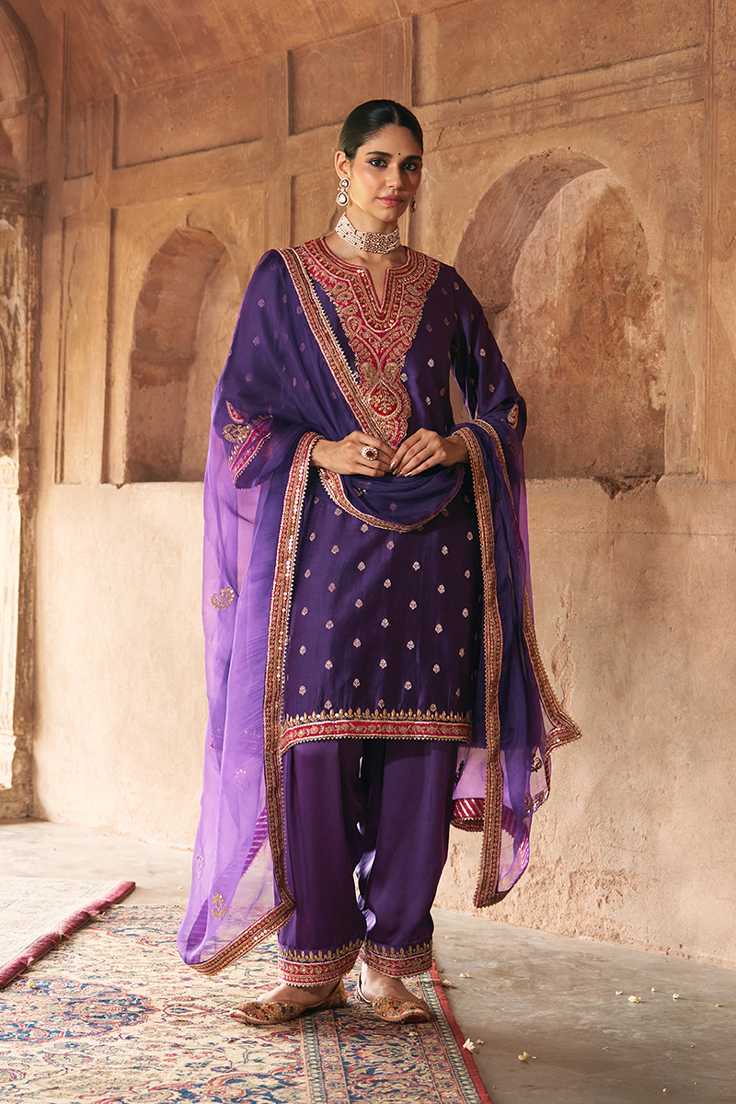 SHEETAL BATRA KAFTAN SALWAR CHAUGA SALWAR DUPATTA PURPLE