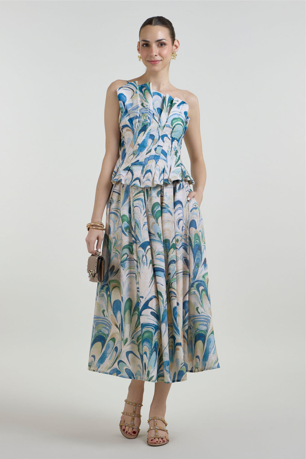 Skirt-Oneshoulder Top Beige-Green-Blue