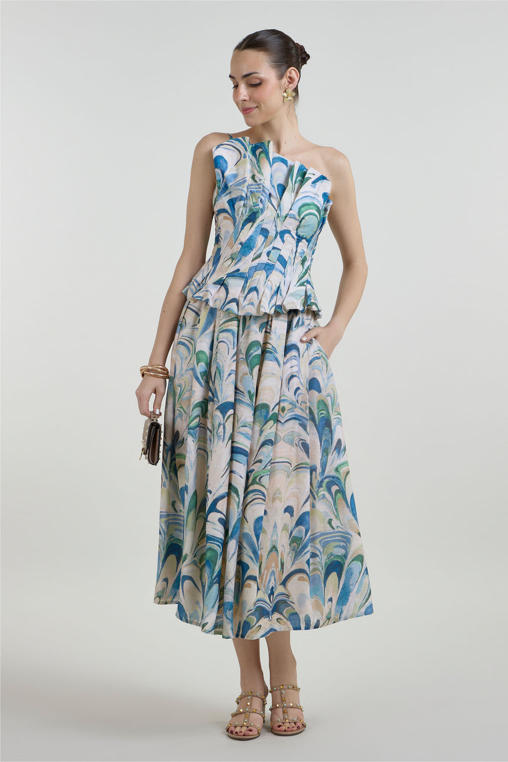 Skirt-Oneshoulder Top Beige-Green-Blue