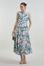 Skirt-Oneshoulder Top Beige-Green-Blue