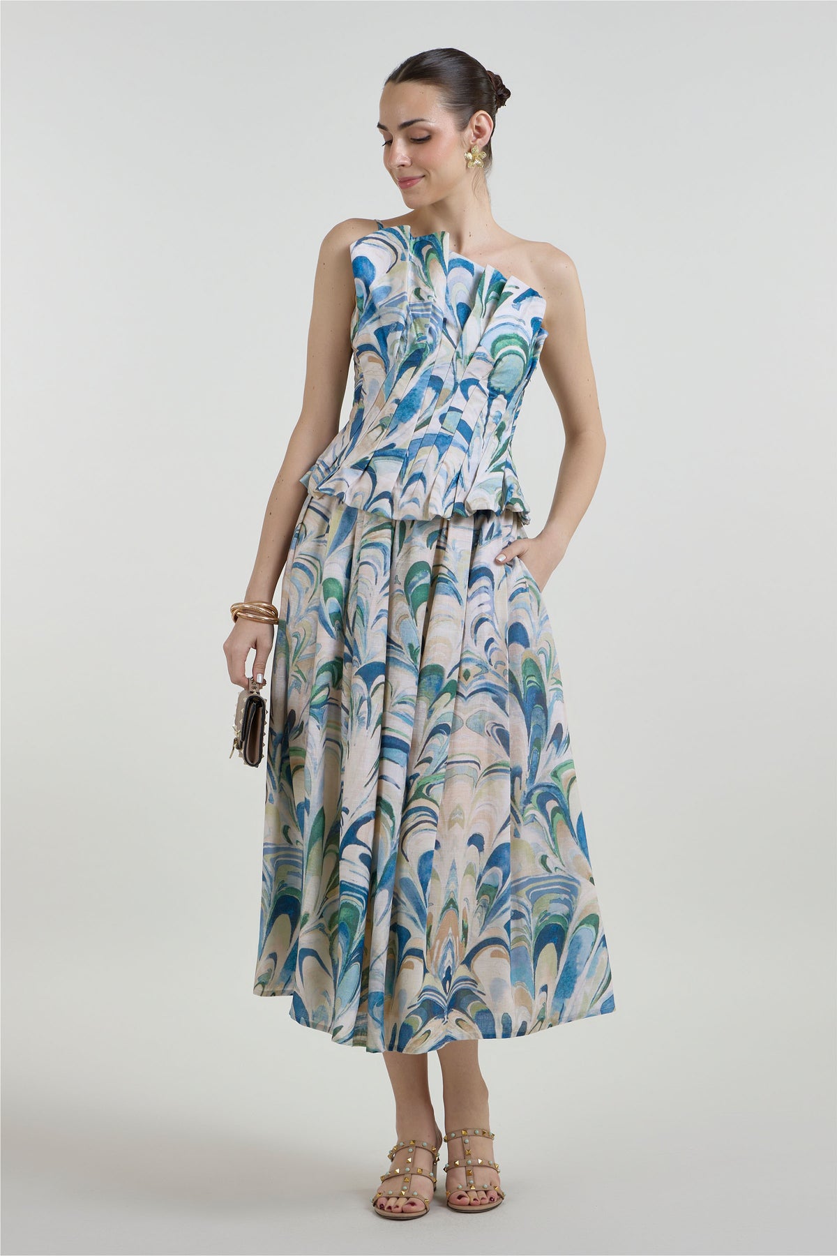 Skirt-Oneshoulder Top Beige-Green-Blue