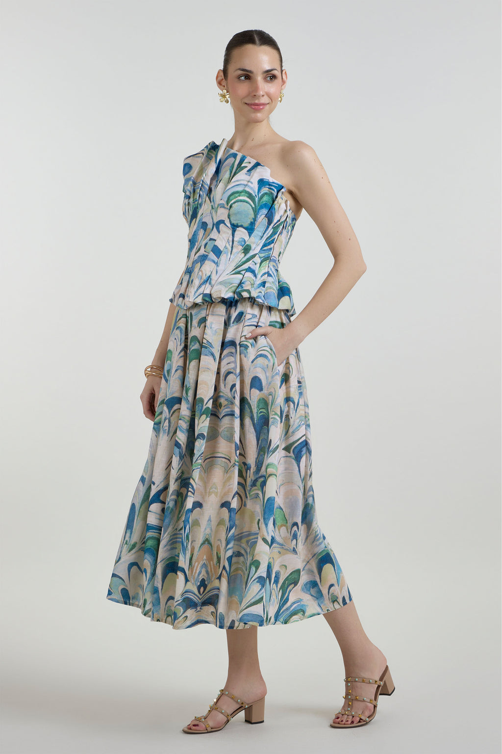 Skirt-Oneshoulder Top Beige-Green-Blue