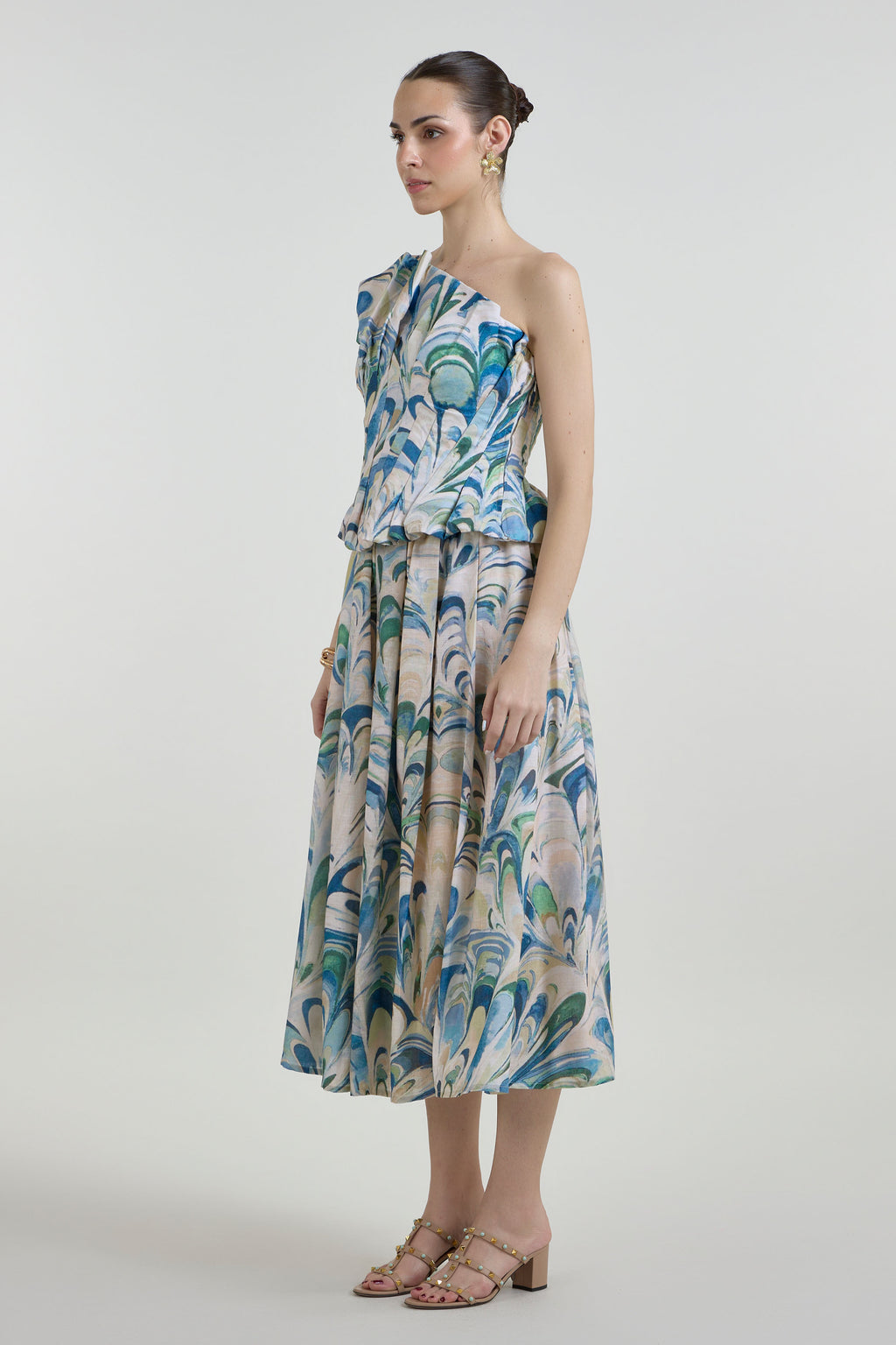 Skirt-Oneshoulder Top Beige-Green-Blue