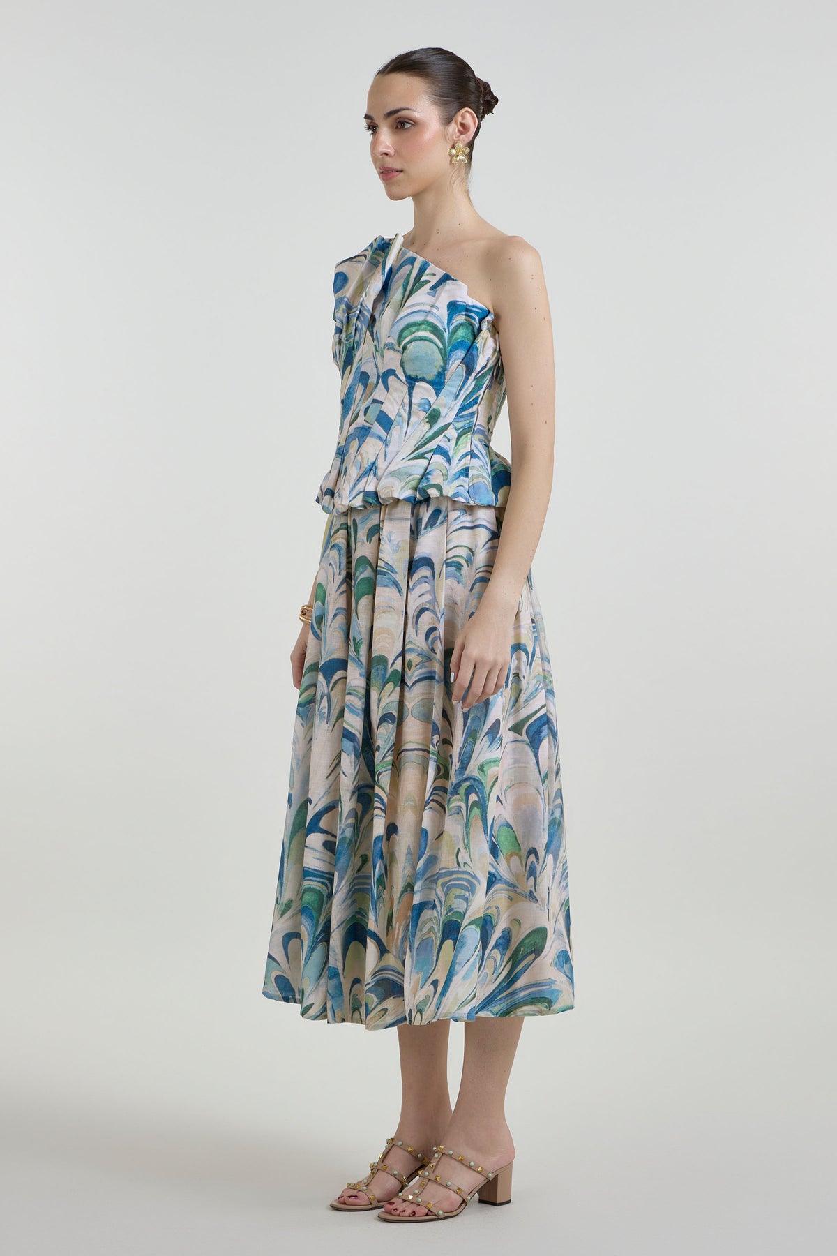 Skirt-Oneshoulder Top Beige-Green-Blue