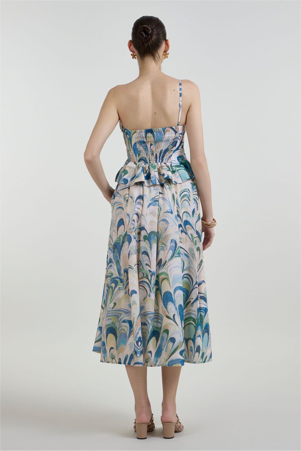 Skirt-Oneshoulder Top Beige-Green-Blue