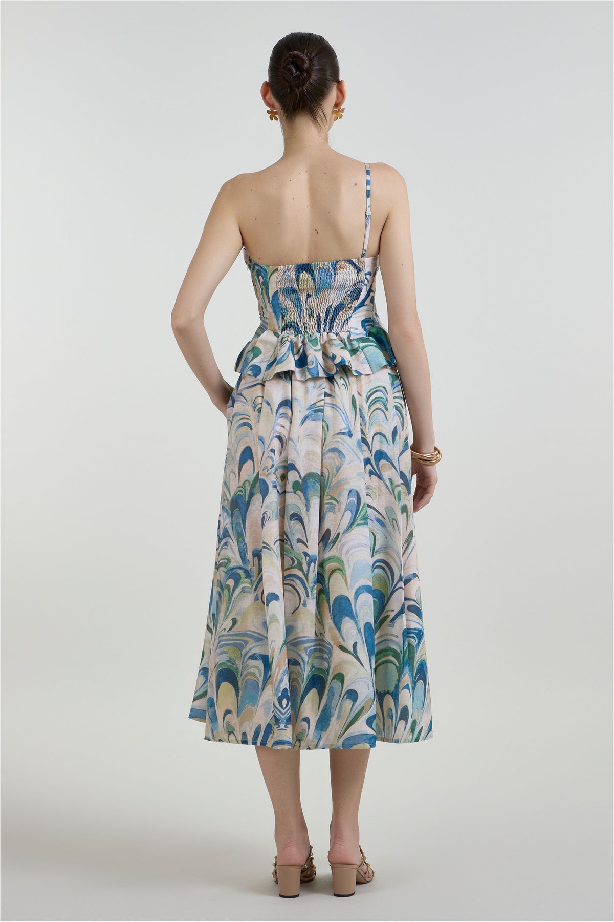 Skirt-Oneshoulder Top Beige-Green-Blue
