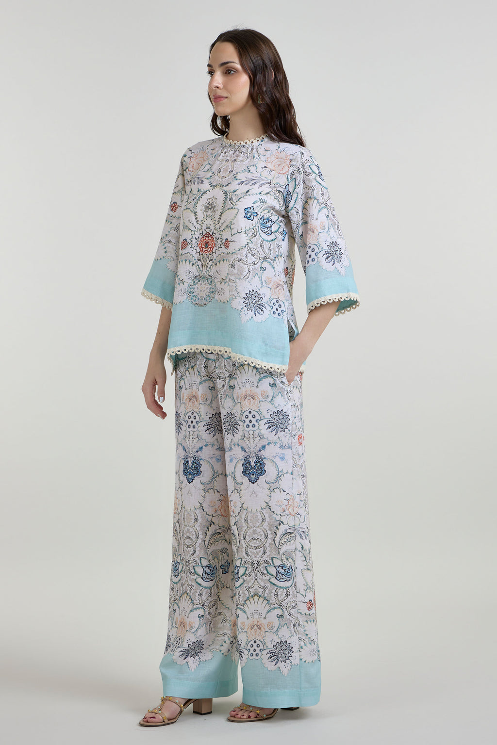 Tunic Top Pant White-Teal