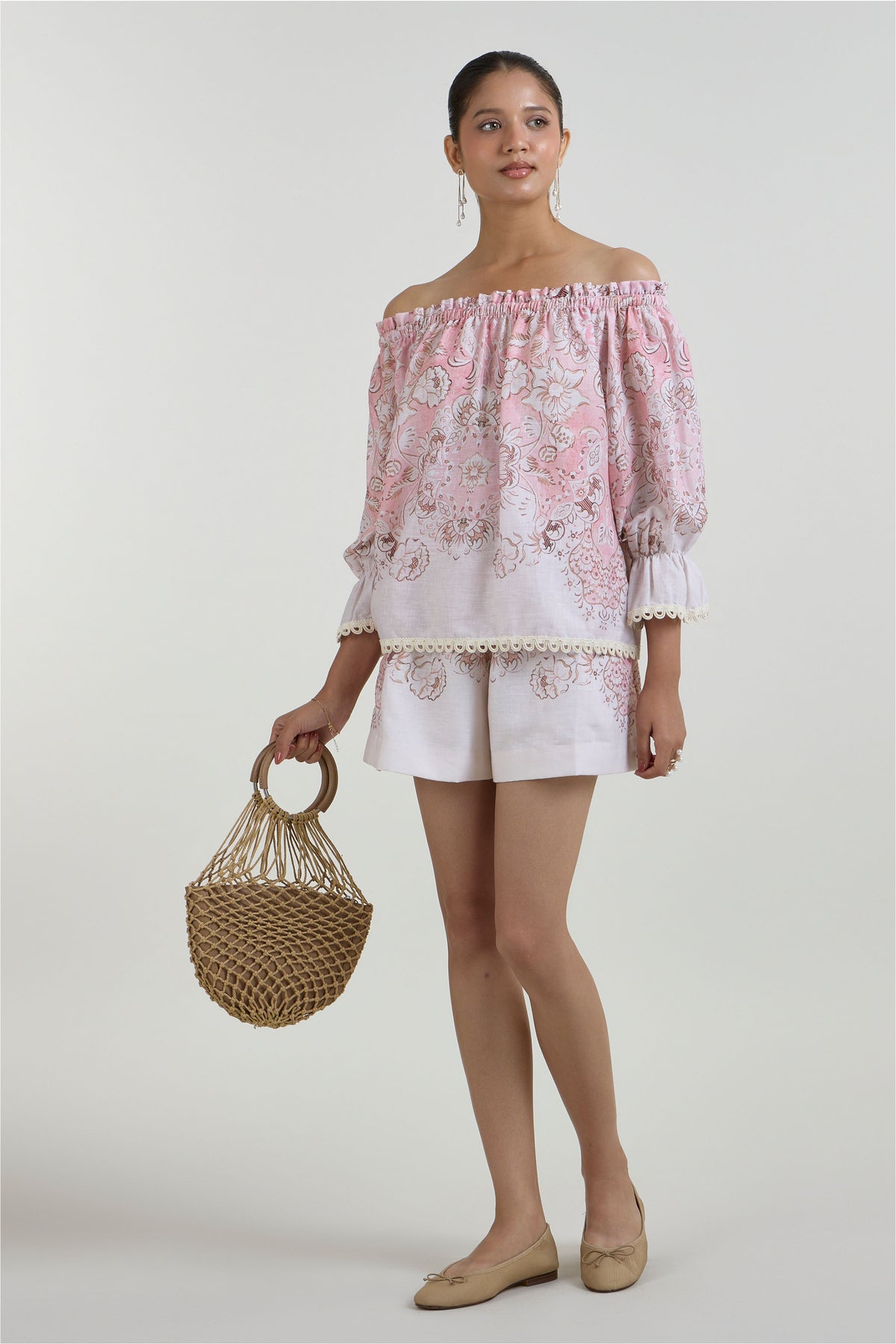 Shorts Off-Shoulder Top Pink-Brown-Ivory