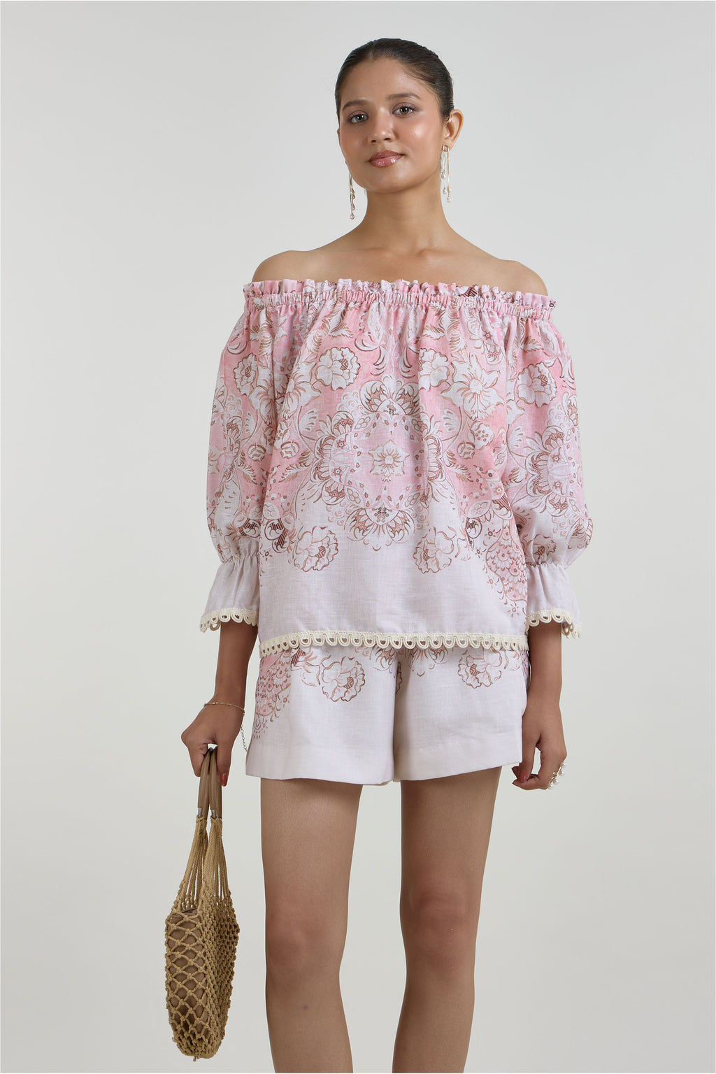 Shorts Off-Shoulder Top Pink-Brown-Ivory