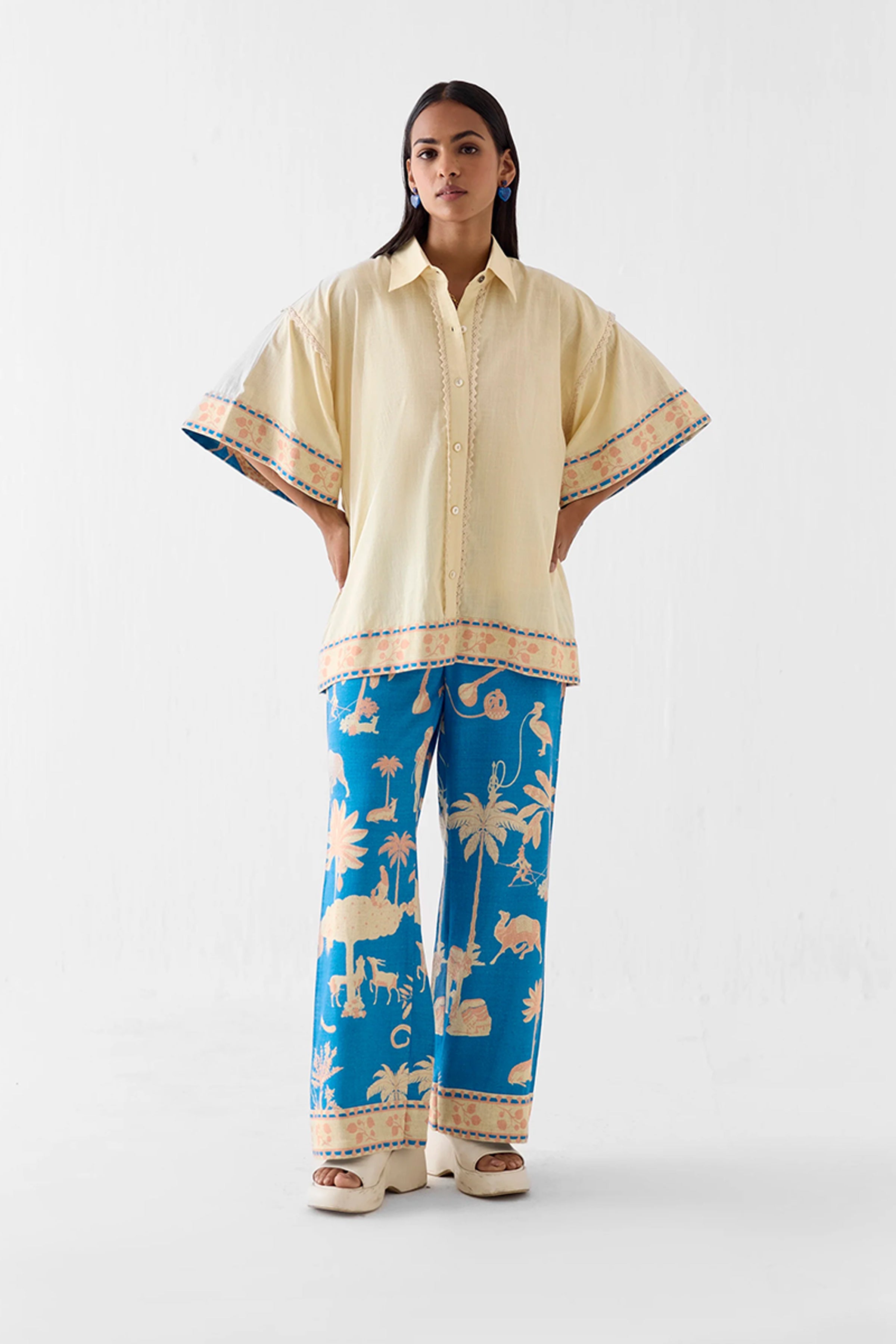 Shirt Trouser Set Blue Cream