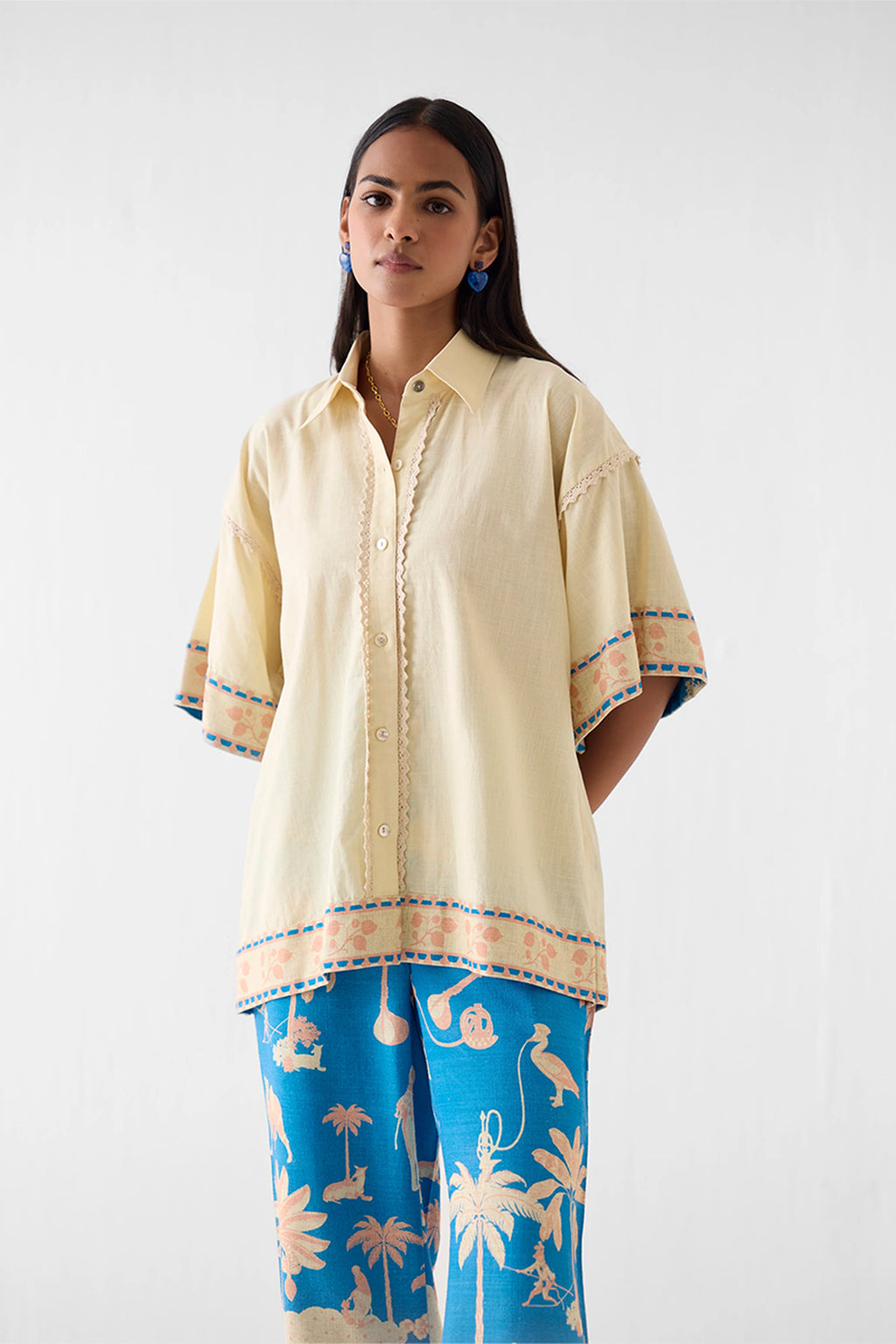 Shirt Trouser Set Blue Cream