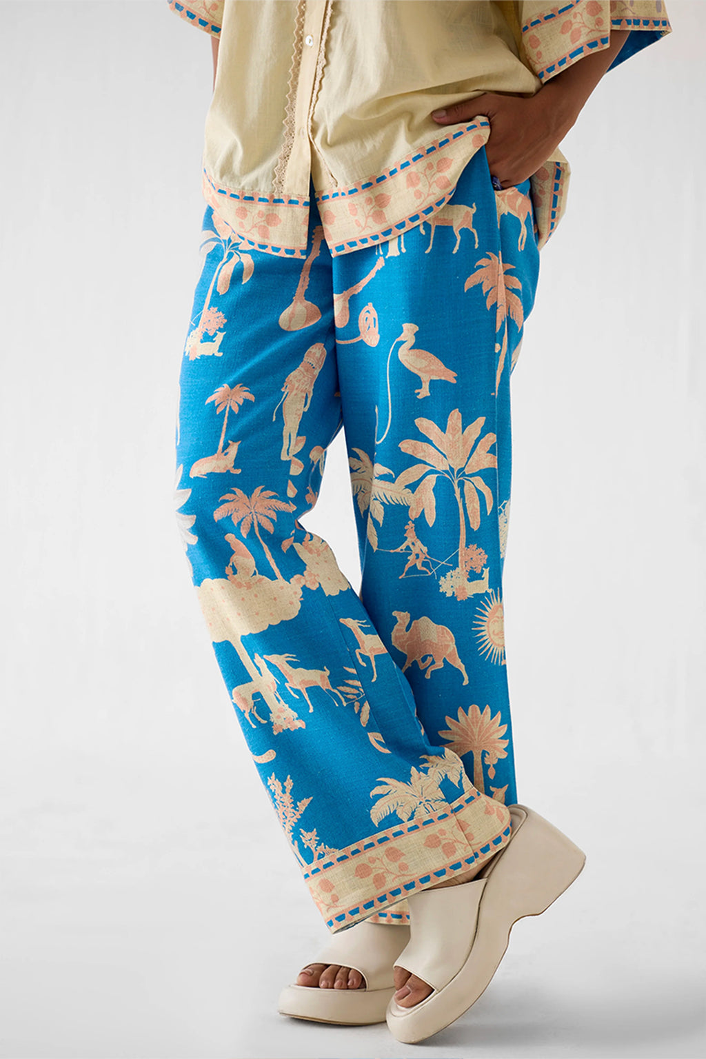 Shirt Trouser Set Blue Cream