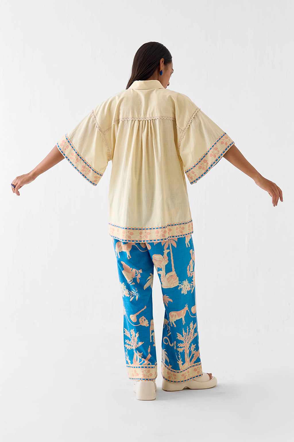 Shirt Trouser Set Blue Cream
