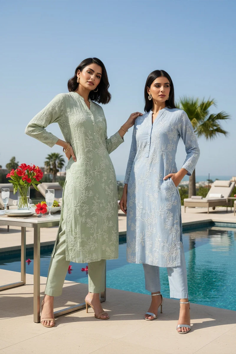 Kurta Pant Blue Pista Green Blush Pink
