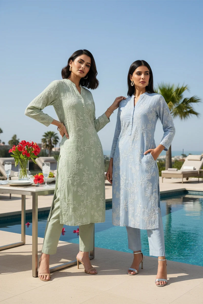 Kurta Pant Blue Pista Green Blush Pink