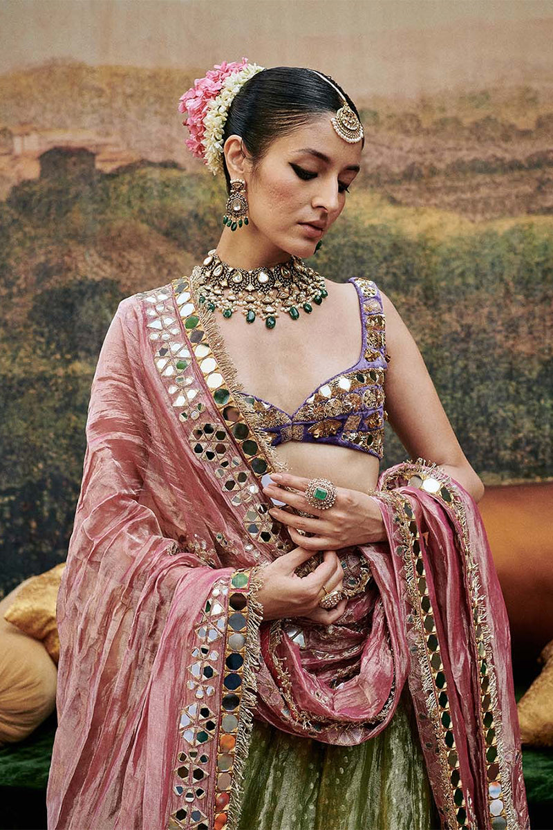 Lehenga Green Pink